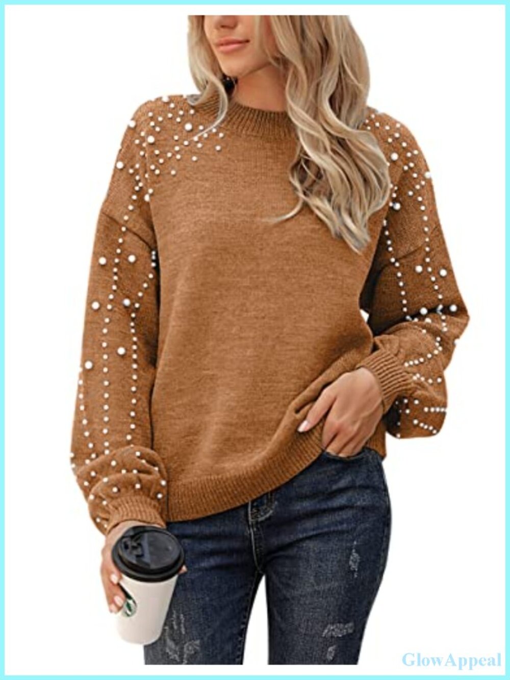 Oversized Chunky Knit Pullover Sweater Mock Neck Lantern Sleeve Women